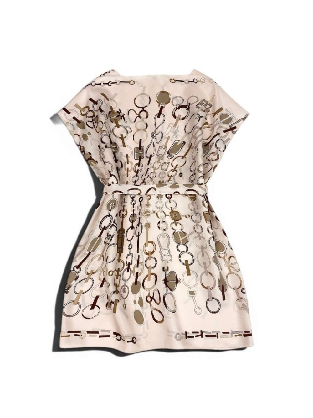Hermes Re Boucles Printed Dress French Sleeve with Belt 44 Light Pink Silk - Picture 3 of 11
